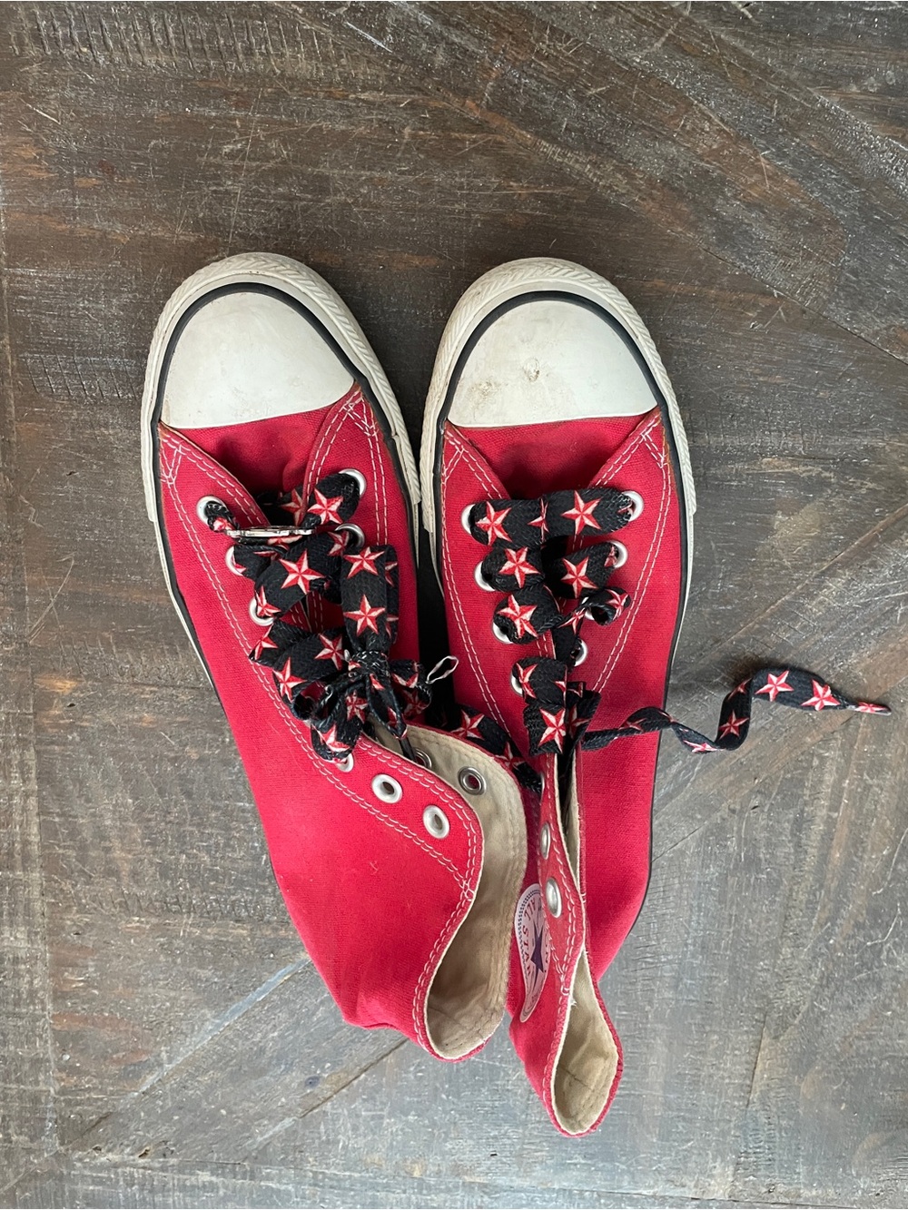 Converse Red and Cream High-Top Sneakers with Black-Red Laces